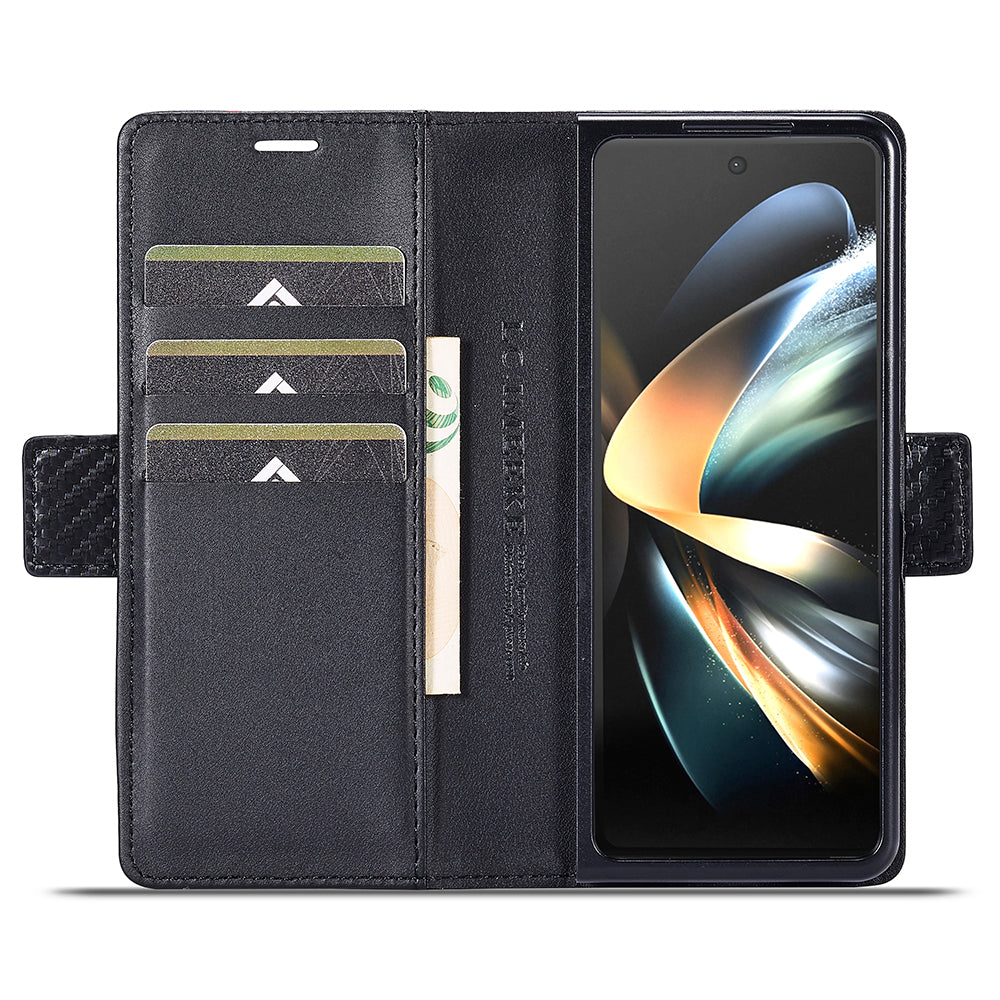 Uniqkart For Samsung Galaxy Z Fold4 5G Leather Wallet Case Stand Carbon Fiber Texture Phone Cover - Horizontal Stripe