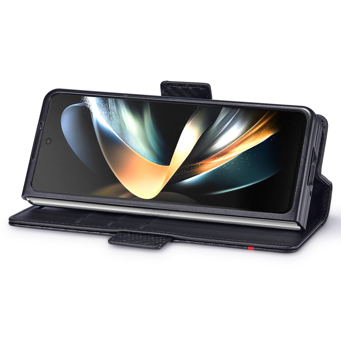 Uniqkart For Samsung Galaxy Z Fold4 5G Leather Wallet Case Stand Carbon Fiber Texture Phone Cover - Horizontal Stripe