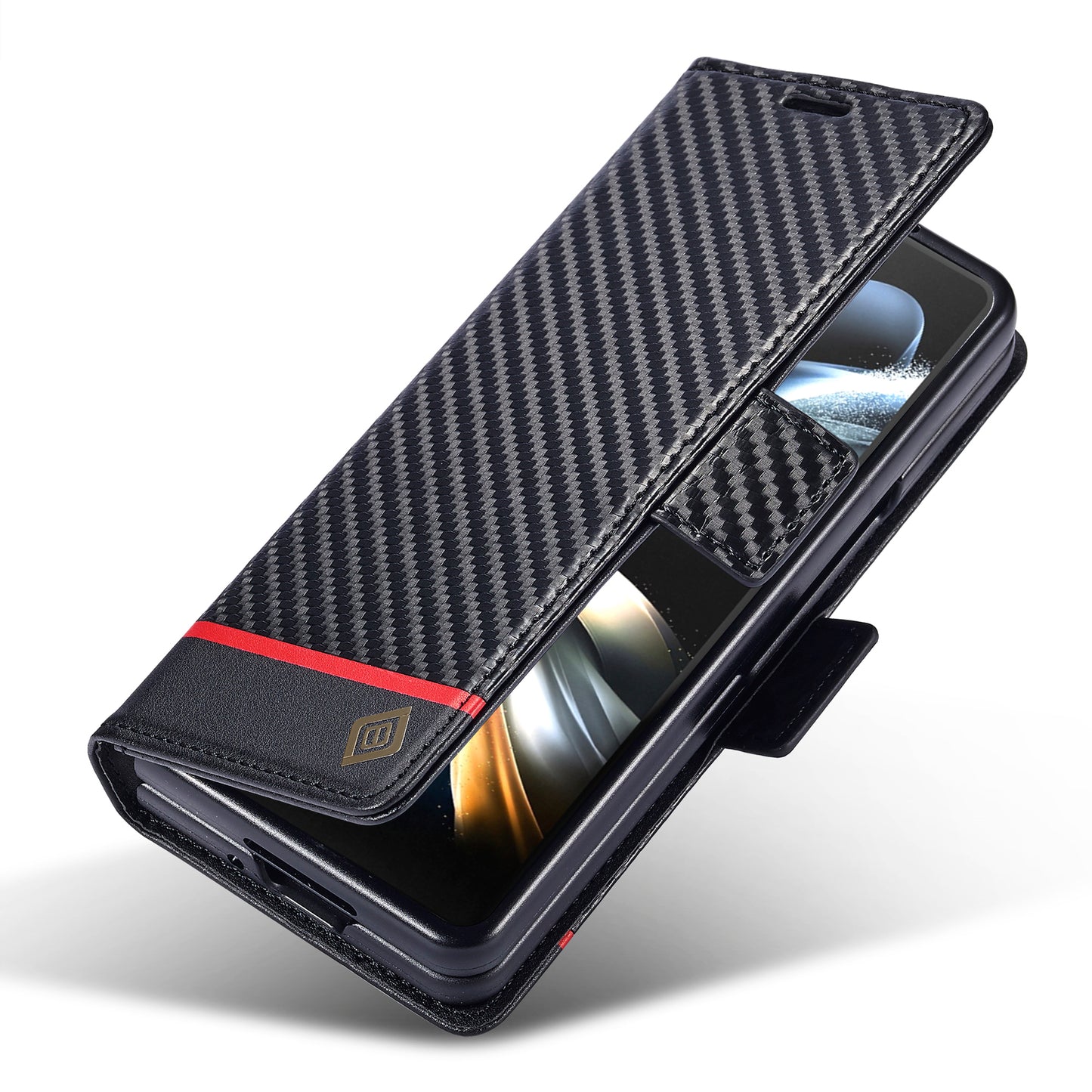 Uniqkart For Samsung Galaxy Z Fold4 5G Leather Wallet Case Stand Carbon Fiber Texture Phone Cover - Horizontal Stripe