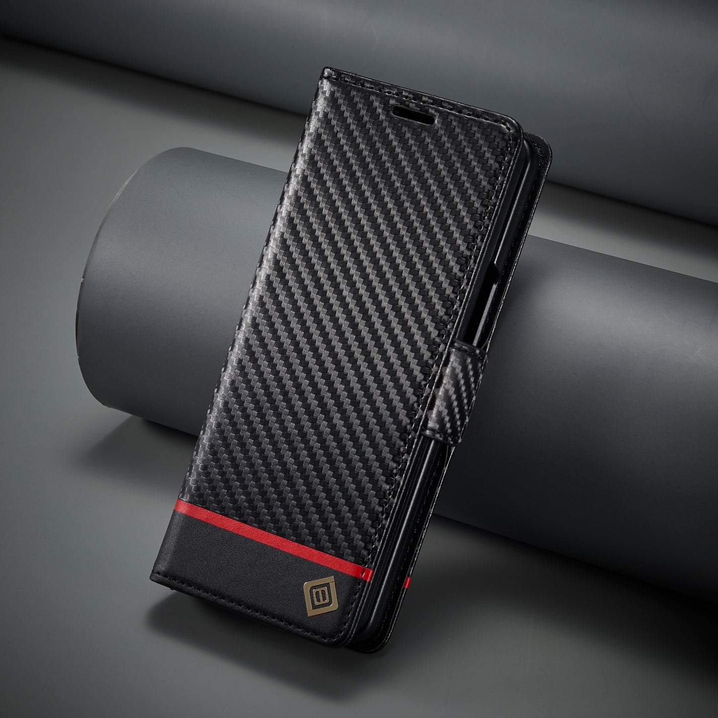 Uniqkart For Samsung Galaxy Z Fold4 5G Leather Wallet Case Stand Carbon Fiber Texture Phone Cover - Horizontal Stripe
