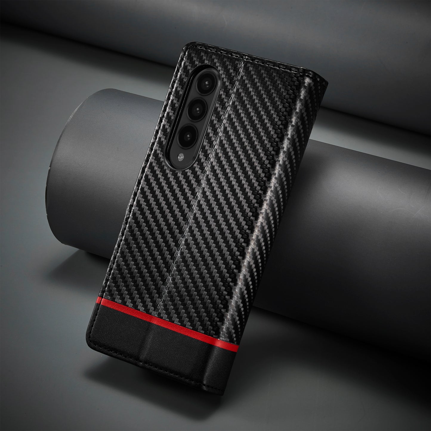 Uniqkart For Samsung Galaxy Z Fold4 5G Leather Wallet Case Stand Carbon Fiber Texture Phone Cover - Horizontal Stripe