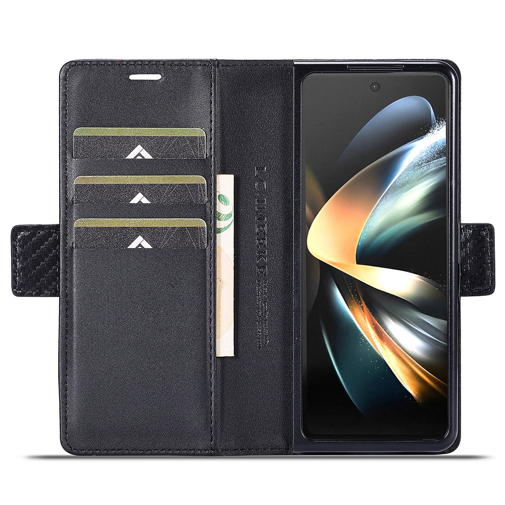 Uniqkart For Samsung Galaxy Z Fold4 5G Leather Wallet Case Stand Carbon Fiber Texture Phone Cover - Vertical Stripe