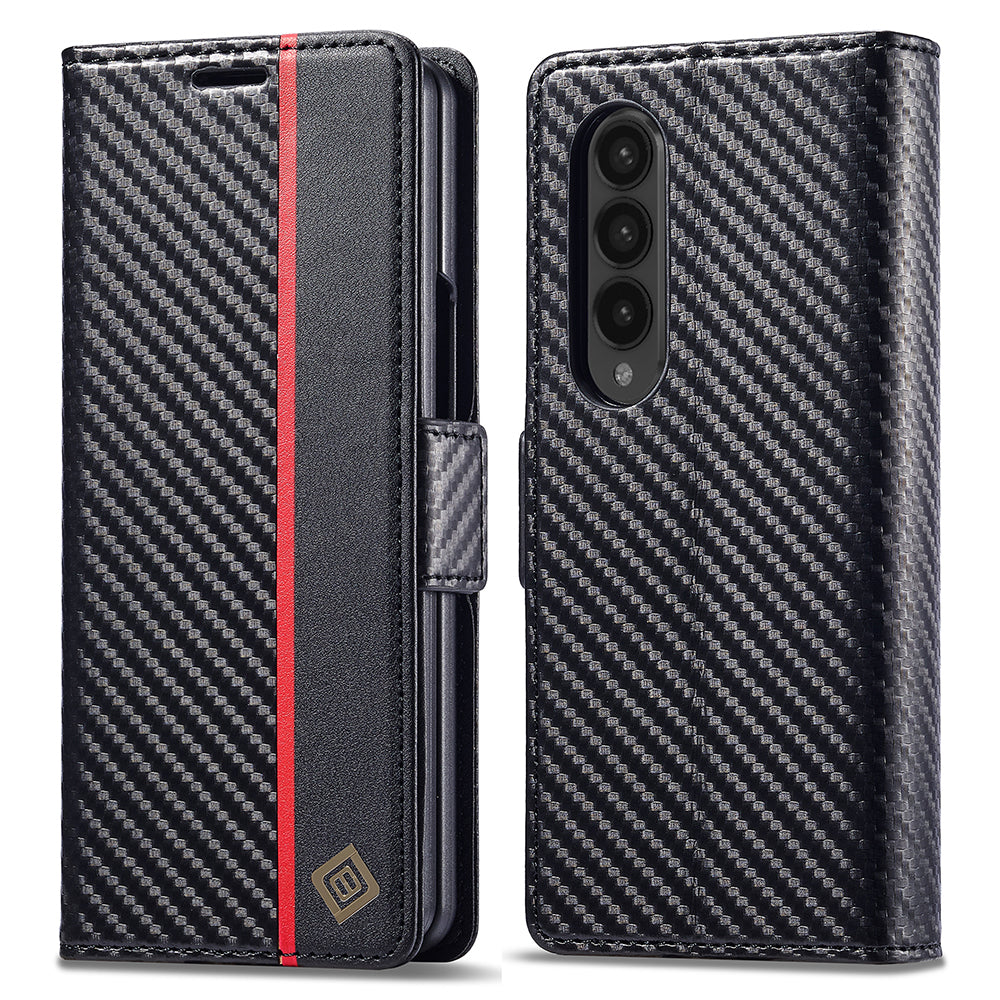 Uniqkart For Samsung Galaxy Z Fold3 5G Carbon Fiber Texture Phone Leather Case Wallet Stand Cover - Vertical Stripe