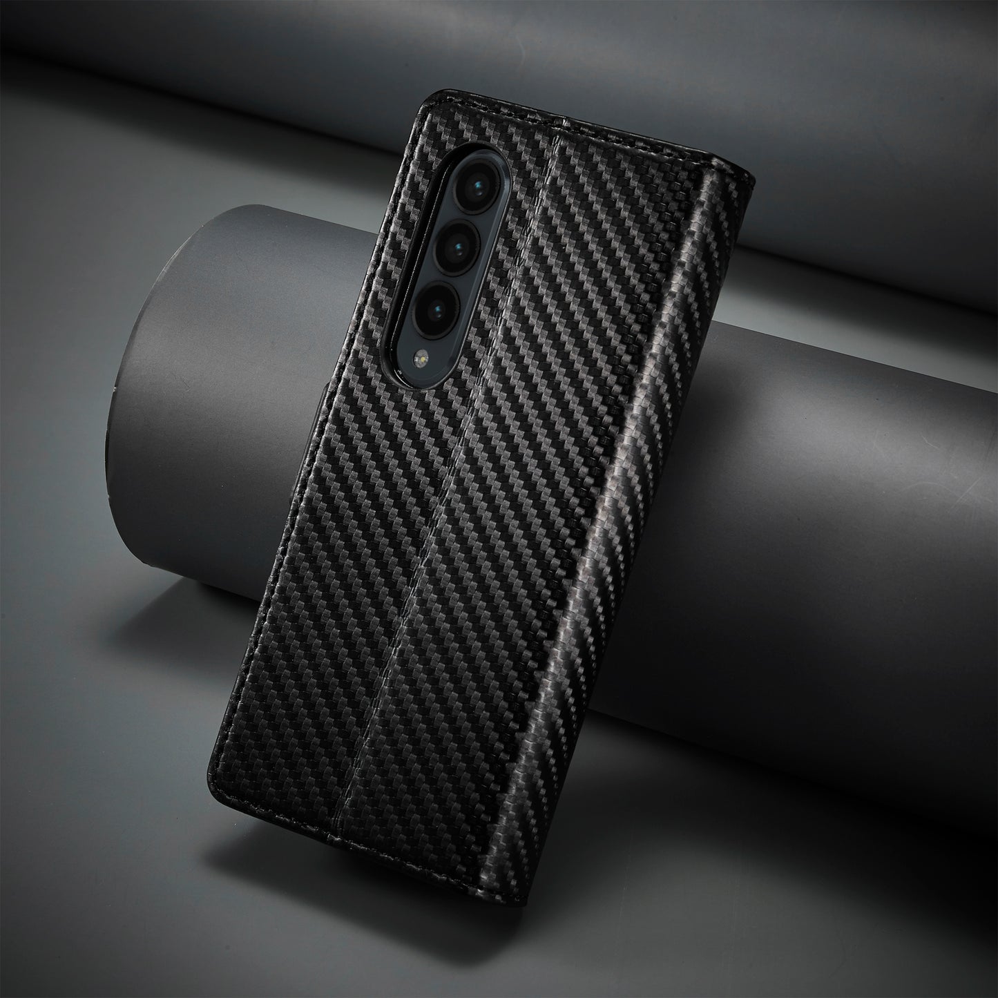 Uniqkart For Samsung Galaxy Z Fold3 5G Carbon Fiber Texture Phone Leather Case Wallet Stand Cover - Vertical Stripe