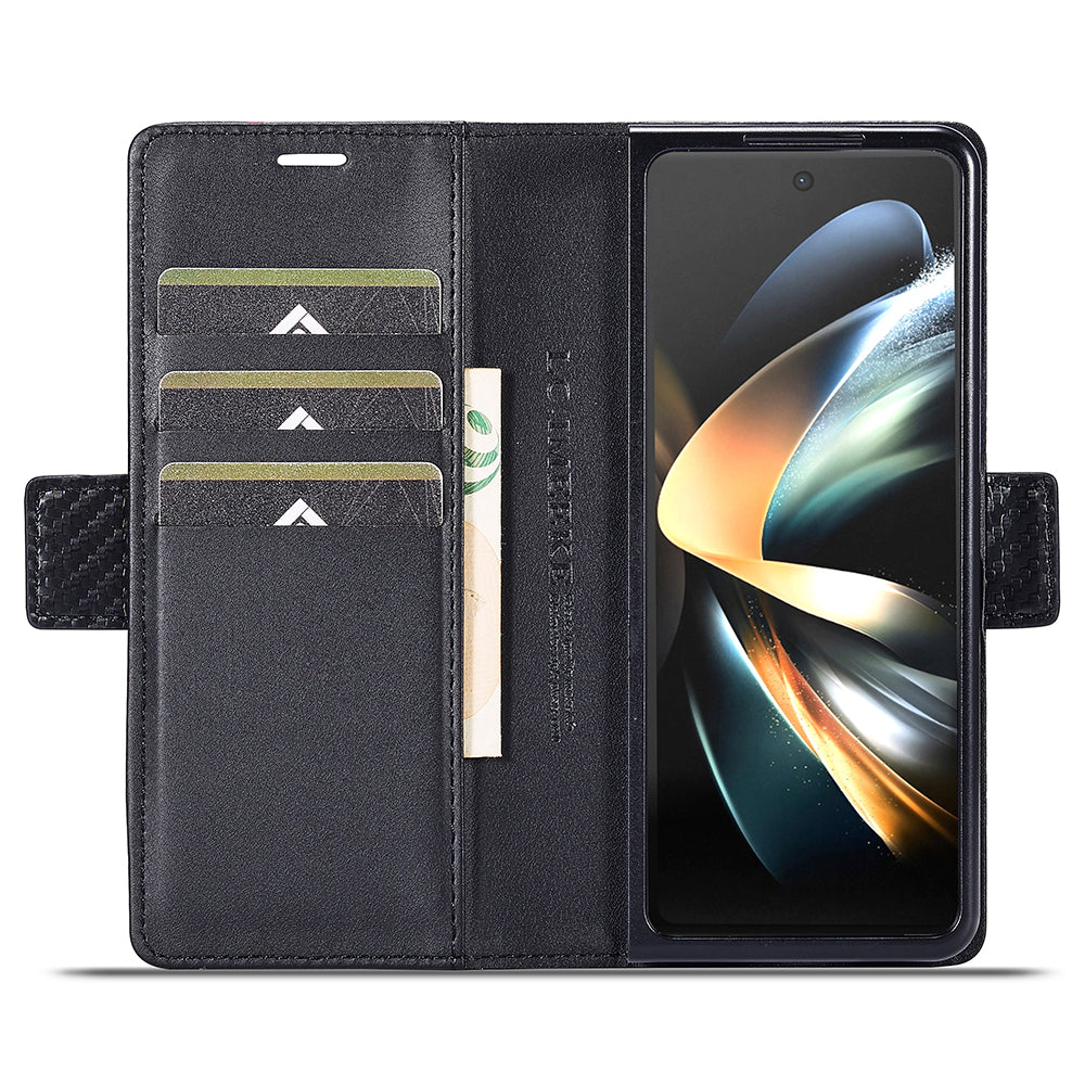 Uniqkart For Samsung Galaxy Z Fold3 5G Carbon Fiber Texture Phone Leather Case Wallet Stand Cover - Horizontal Stripe