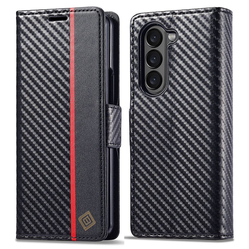 Uniqkart For Samsung Galaxy Z Fold5 5G Phone Leather Cover Carbon Fiber Texture Stand Wallet Case - Vertical Stripe
