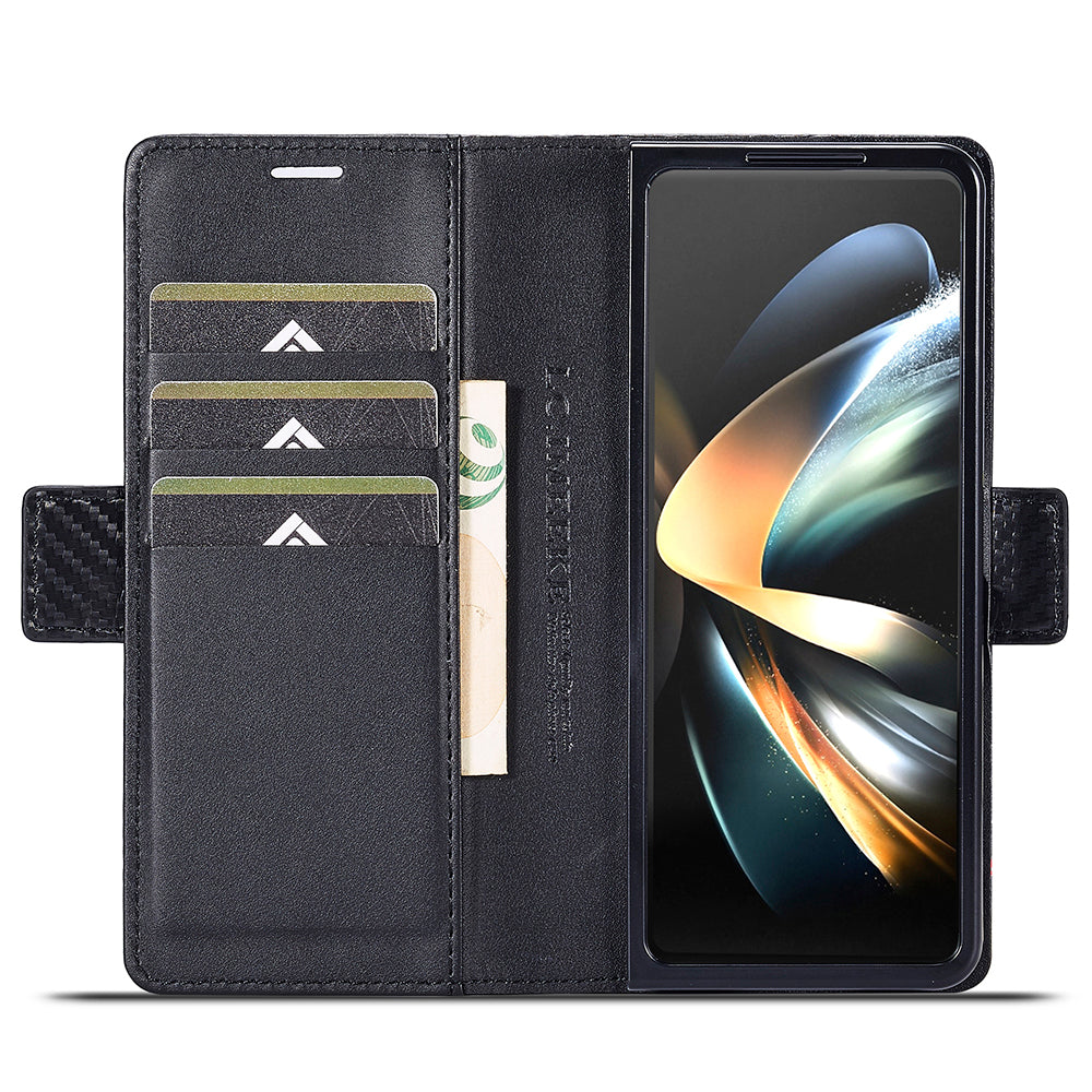Uniqkart For Samsung Galaxy Z Fold5 5G Phone Leather Cover Carbon Fiber Texture Stand Wallet Case - Vertical Stripe