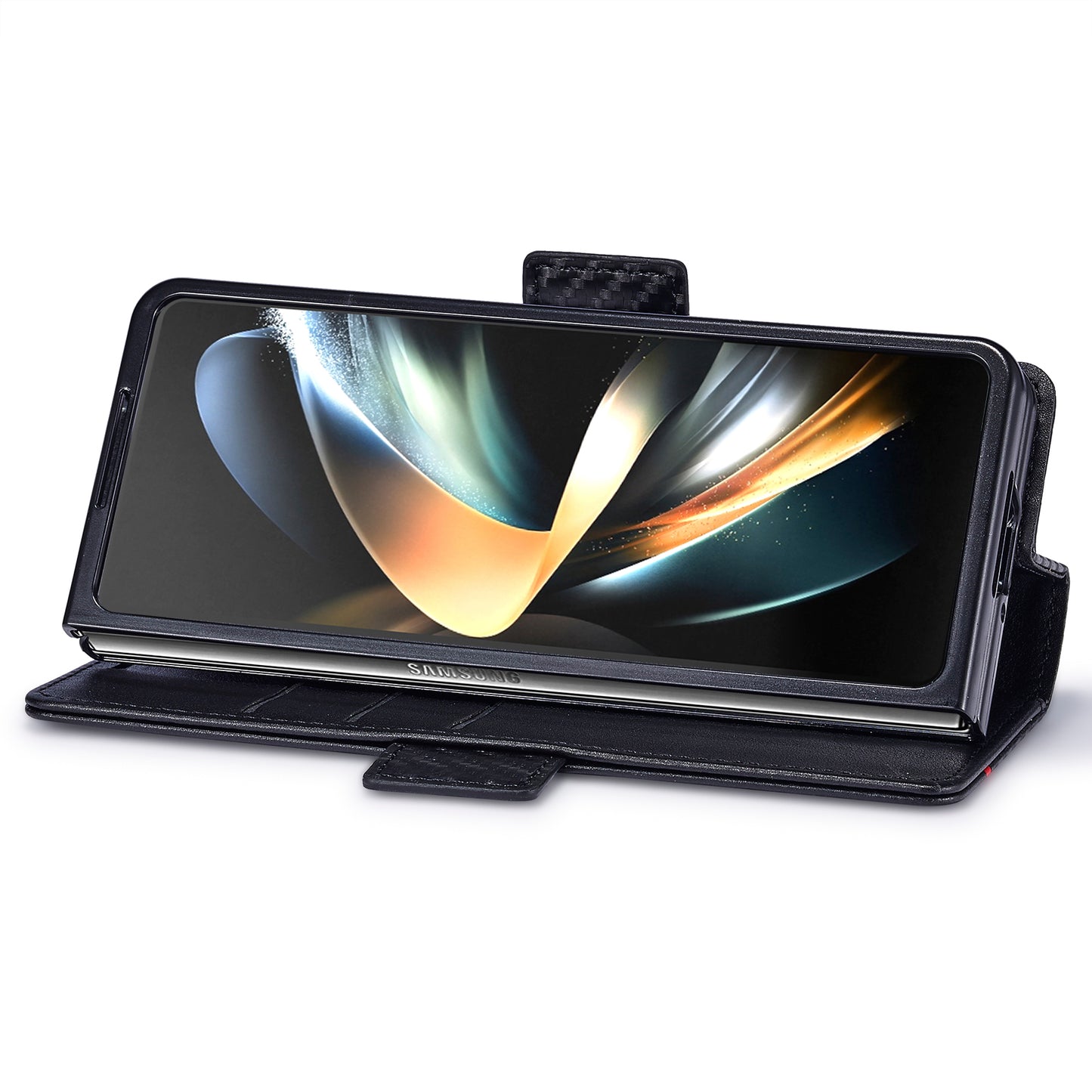 Uniqkart For Samsung Galaxy Z Fold5 5G Phone Leather Cover Carbon Fiber Texture Stand Wallet Case - Vertical Stripe