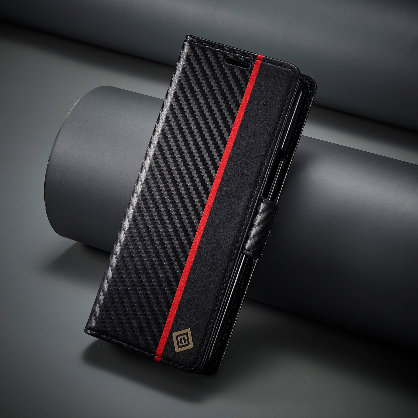 Uniqkart For Samsung Galaxy Z Fold5 5G Phone Leather Cover Carbon Fiber Texture Stand Wallet Case - Vertical Stripe