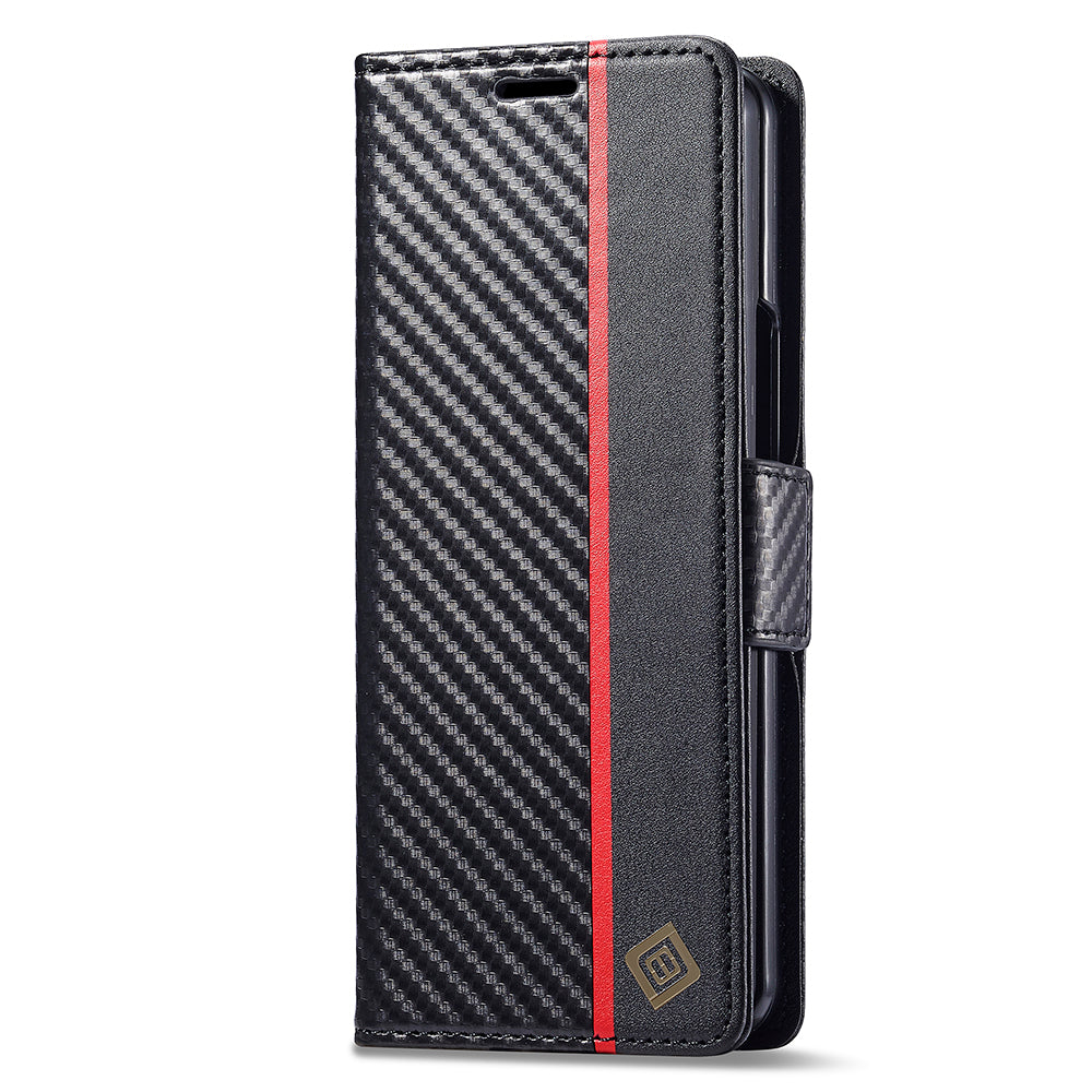 Uniqkart For Samsung Galaxy Z Fold5 5G Phone Leather Cover Carbon Fiber Texture Stand Wallet Case - Vertical Stripe