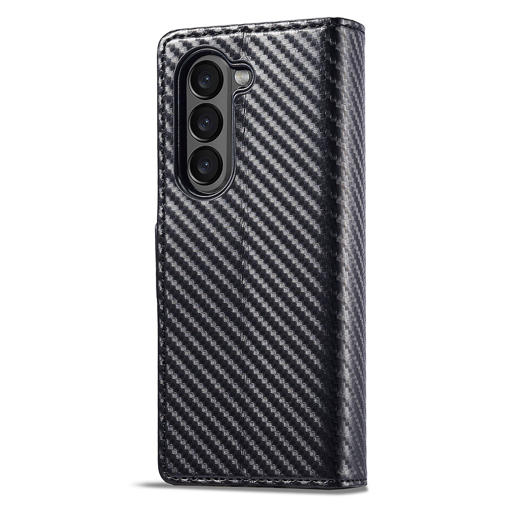 Uniqkart For Samsung Galaxy Z Fold5 5G Phone Leather Cover Carbon Fiber Texture Stand Wallet Case - Vertical Stripe