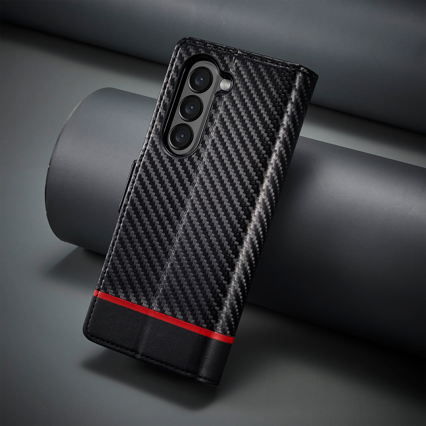 Uniqkart For Samsung Galaxy Z Fold5 5G Phone Leather 
Cover Carbon Fiber Texture Stand Wallet Case - Horizontal Stripe