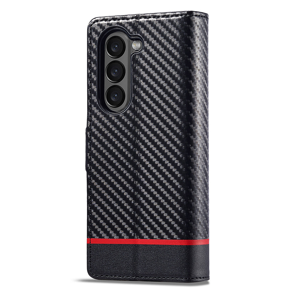 Uniqkart For Samsung Galaxy Z Fold5 5G Phone Leather 
Cover Carbon Fiber Texture Stand Wallet Case - Horizontal Stripe