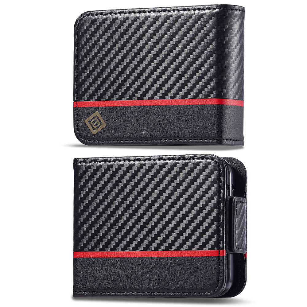 Uniqkart For Samsung Galaxy Z Flip5 5G Card Holder Phone Case Carbon Fiber Texture Leather Phone Cover - Horizontal Stripe