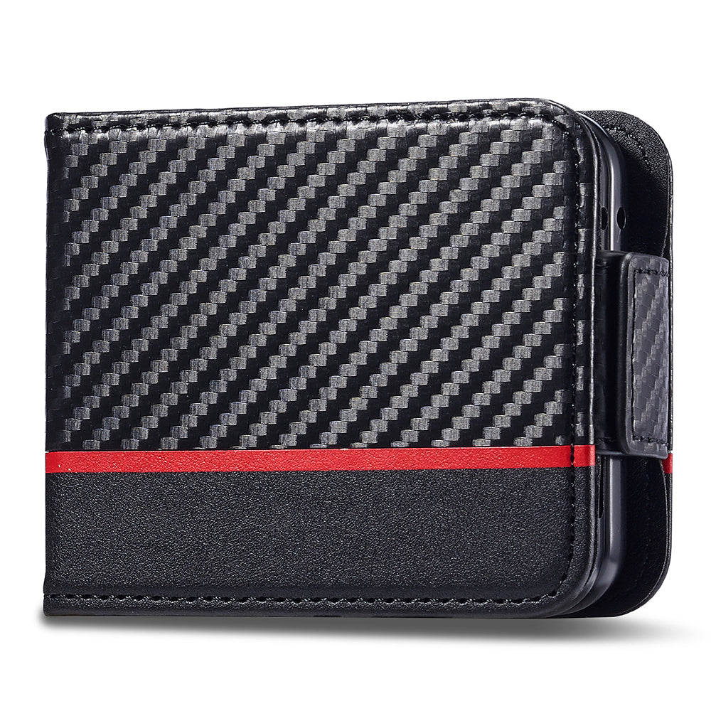 Uniqkart For Samsung Galaxy Z Flip5 5G Card Holder Phone Case Carbon Fiber Texture Leather Phone Cover - Horizontal Stripe