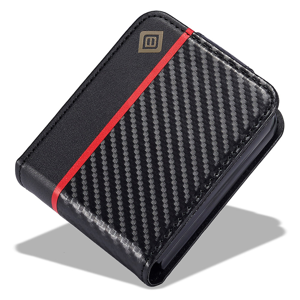 Uniqkart For Samsung Galaxy Z Flip5 5G Card Holder Phone Case Carbon Fiber Texture Leather Phone Cover - Horizontal Stripe