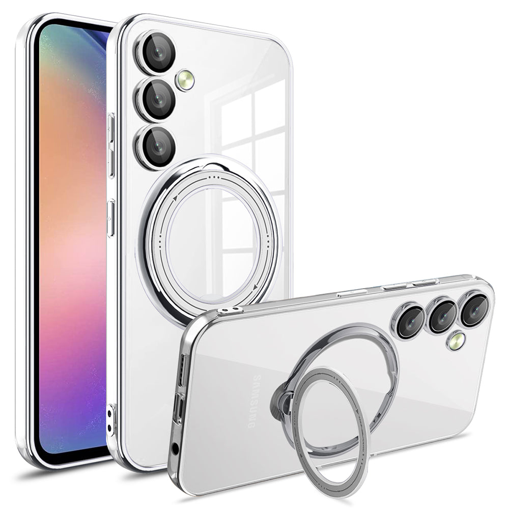 Phone Case for Samsung Galaxy A54 5G PC+TPU Rotation Kickstand Cover Compatible with MagSafe - Silver