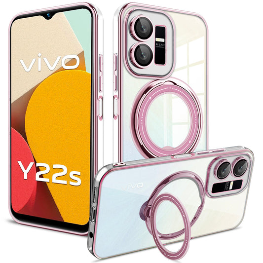 Uniqkart for vivo Y22s 4G / Y35 4G (2022) Ring Kickstand Phone Case Drop Proof PC+TPU Cover Compatible with MagSafe - Pink