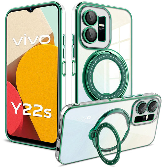 Uniqkart for vivo Y22s 4G / Y35 4G (2022) Ring Kickstand Phone Case Drop Proof PC+TPU Cover Compatible with MagSafe - Green