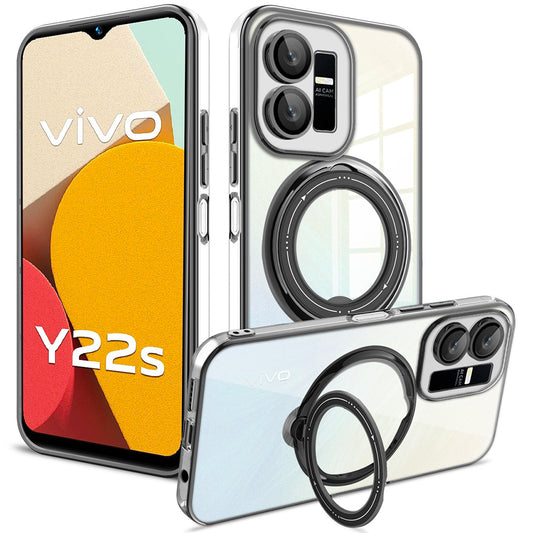 Uniqkart for vivo Y22s 4G / Y35 4G (2022) Ring Kickstand Phone Case Drop Proof PC+TPU Cover Compatible with MagSafe - Black