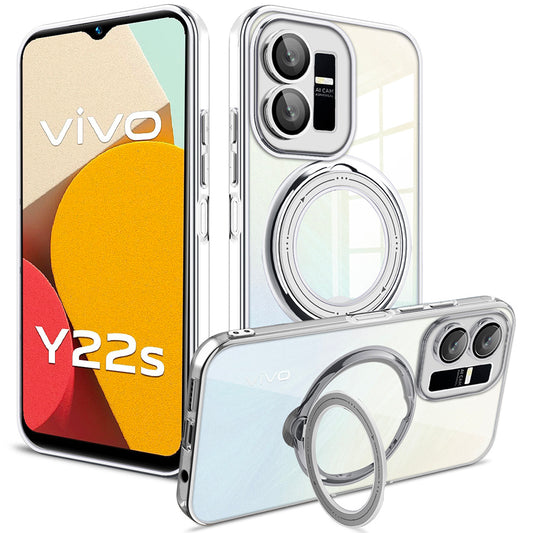 Uniqkart for vivo Y22s 4G / Y35 4G (2022) Ring Kickstand Phone Case Drop Proof PC+TPU Cover Compatible with MagSafe - Silver