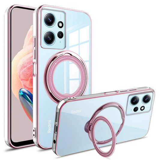 Uniqkart for Xiaomi Redmi Note 12 4G Anti-drop Phone Case PC+TPU Ring Kickstand Cover Compatible with MagSafe - Pink