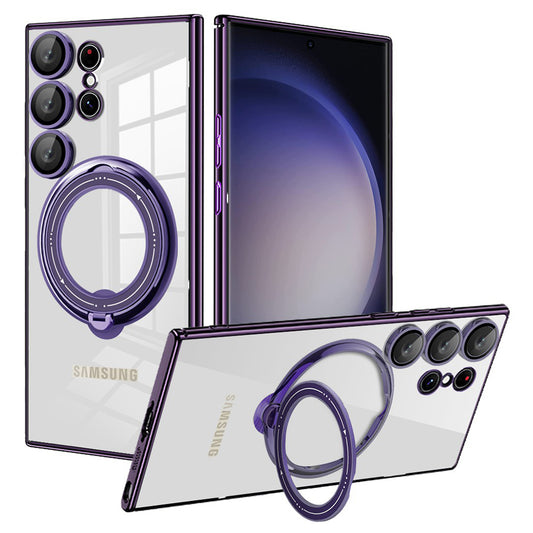 Rotating Kickstand Case for Samsung Galaxy S22 Ultra 5G PC+TPU Phone Cover Compatible with MagSafe - Purple