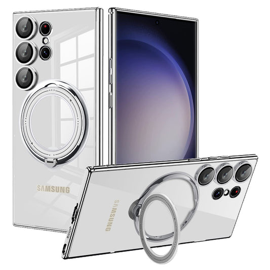 Rotating Kickstand Case for Samsung Galaxy S22 Ultra 5G PC+TPU Phone Cover Compatible with MagSafe - Silver