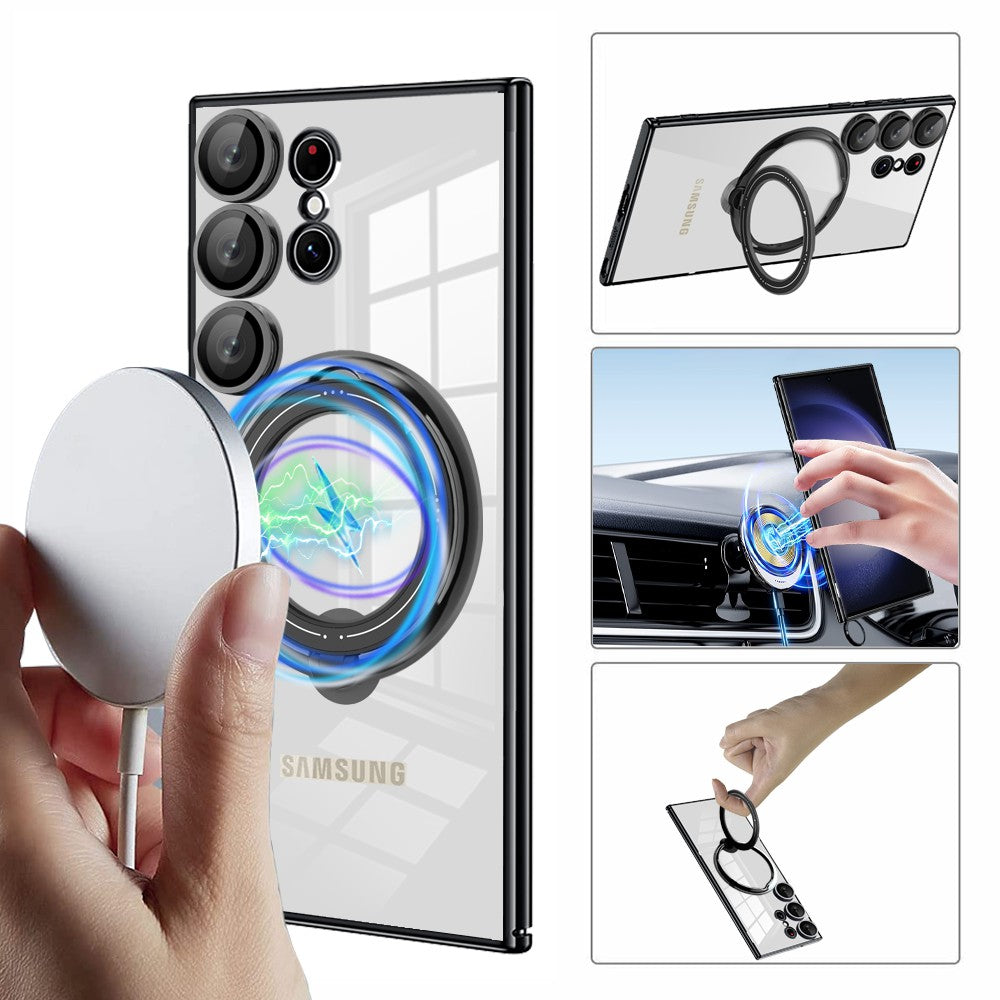 Phone Case for Samsung Galaxy S23 Ultra PC+TPU Cover Rotation Kickstand Phone Shell Compatible with MagSafe - Silver