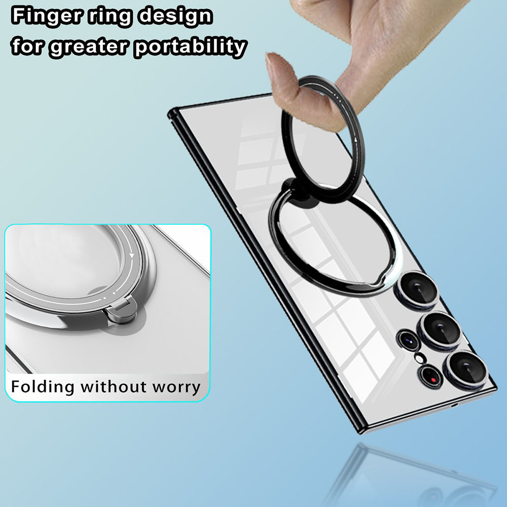 Phone Case for Samsung Galaxy S23 Ultra PC+TPU Cover Rotation Kickstand Phone Shell Compatible with MagSafe - Silver