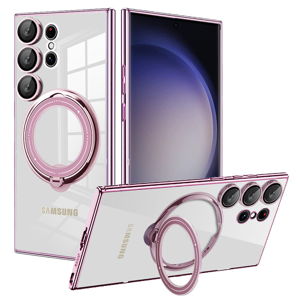 Phone Case for Samsung Galaxy S23 Ultra PC+TPU Cover Rotation Kickstand Phone Shell Compatible with MagSafe - Pink