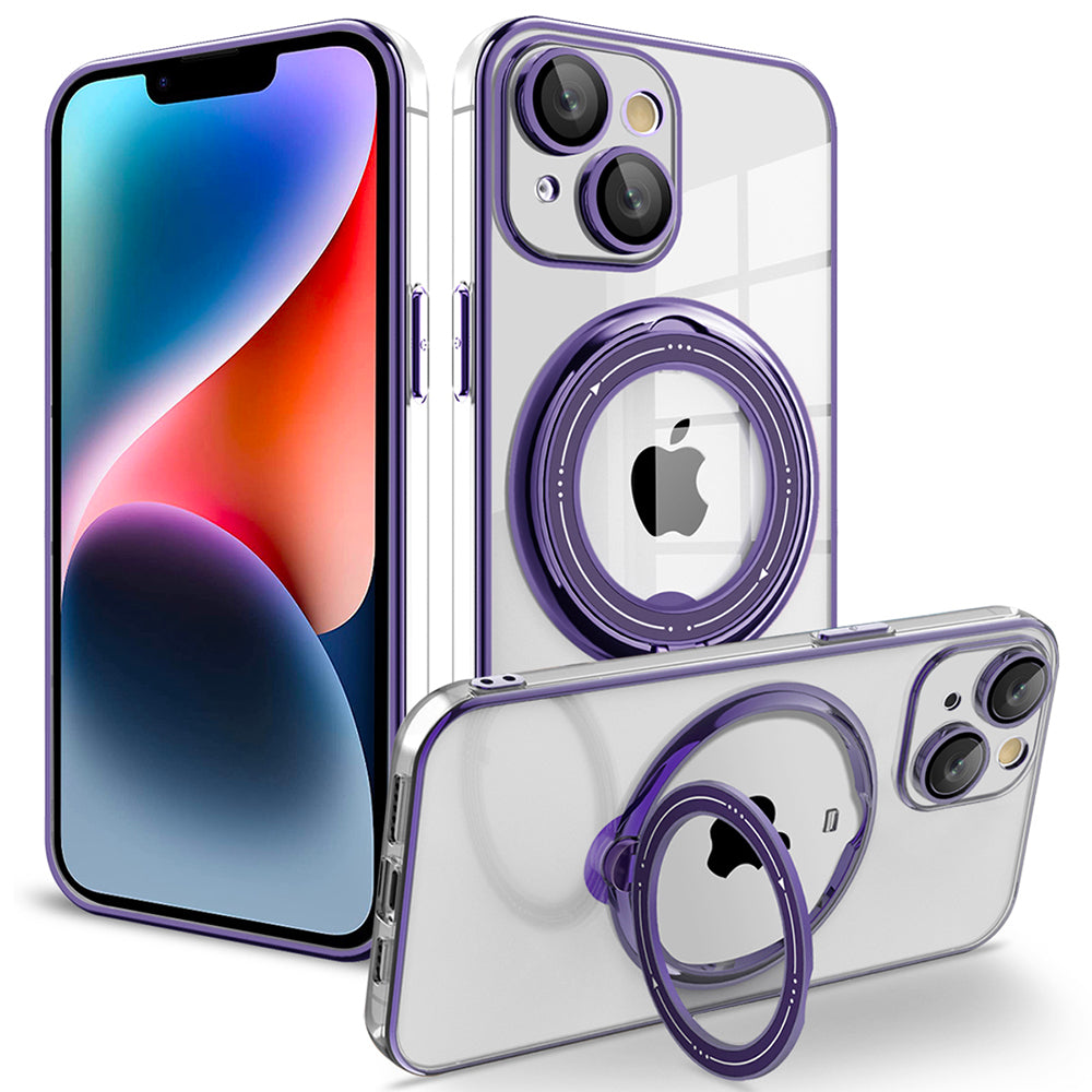 Uniqkart for iPhone 14 Anti-drop PC+TPU Phone Case Rotatable Ring Kickstand Cover Compatible with MagSafe - Purple