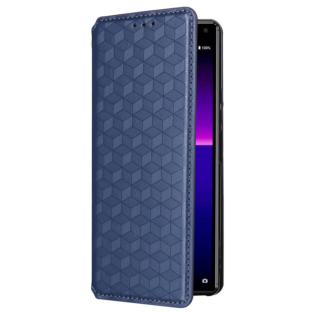 Rhombus Imprinted Cover for Sony Xperia 8 Flip Stand PU Leather Wallet Phone Case - Blue