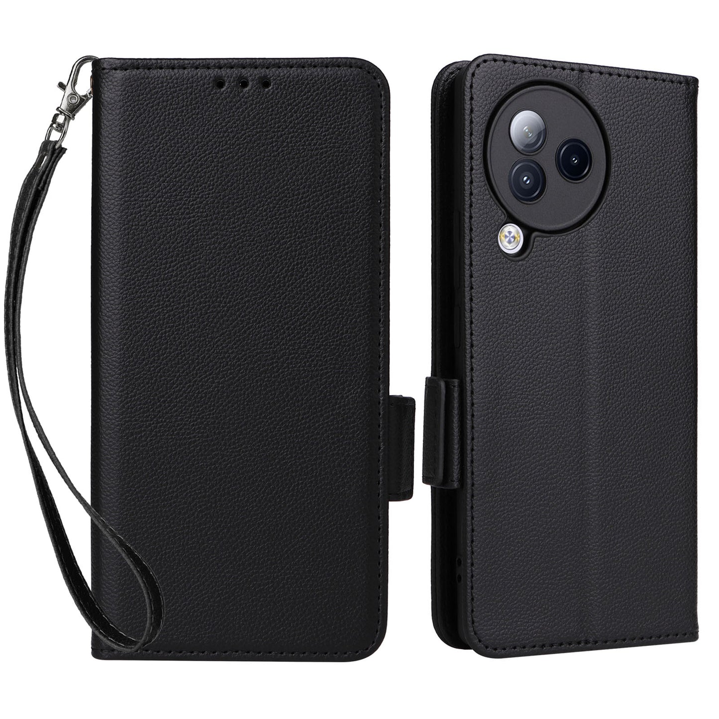 Uniqkart for Xiaomi Civi 3 5G Wallet Case PU Leather Litchi Texture Stand Protective Cover with Hand  Strap - Black