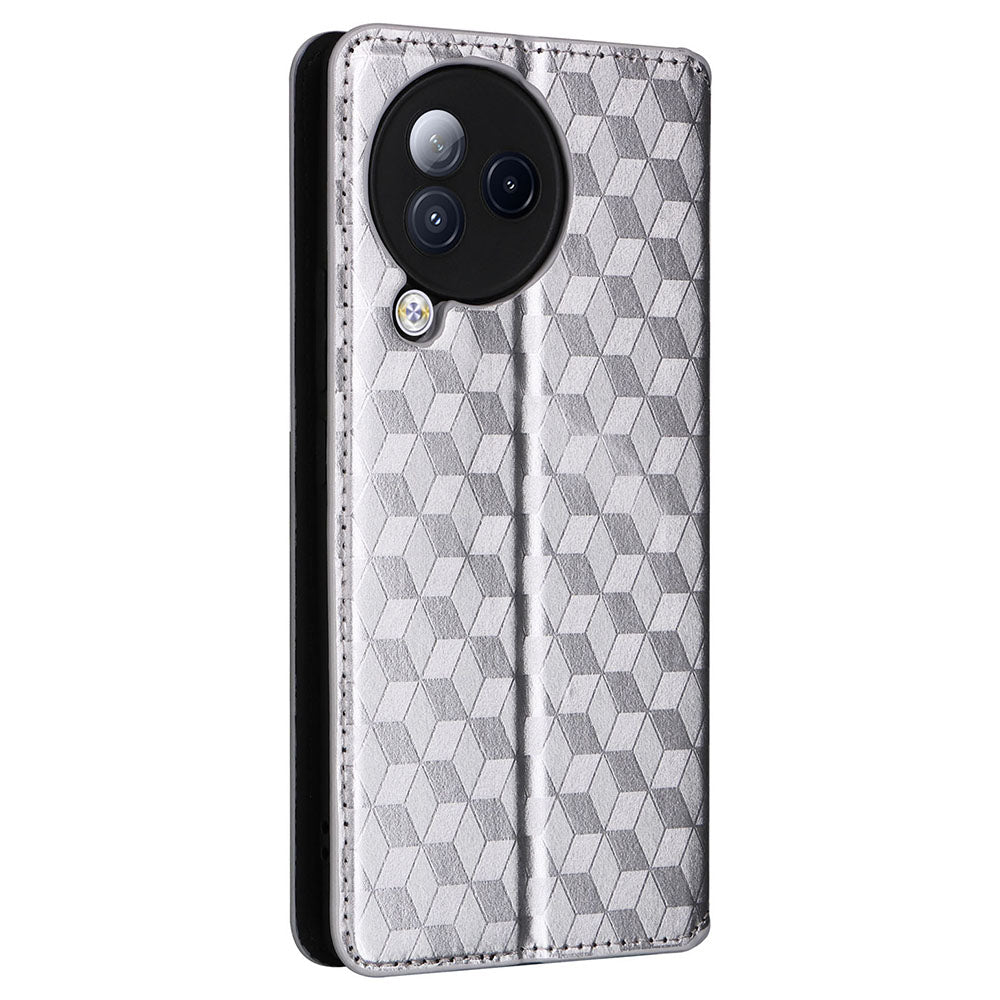 Uniqkart for Xiaomi Civi 3 5G Rhombus Imprinted Stand Case PU Leather Wallet Phone Cover - Silver