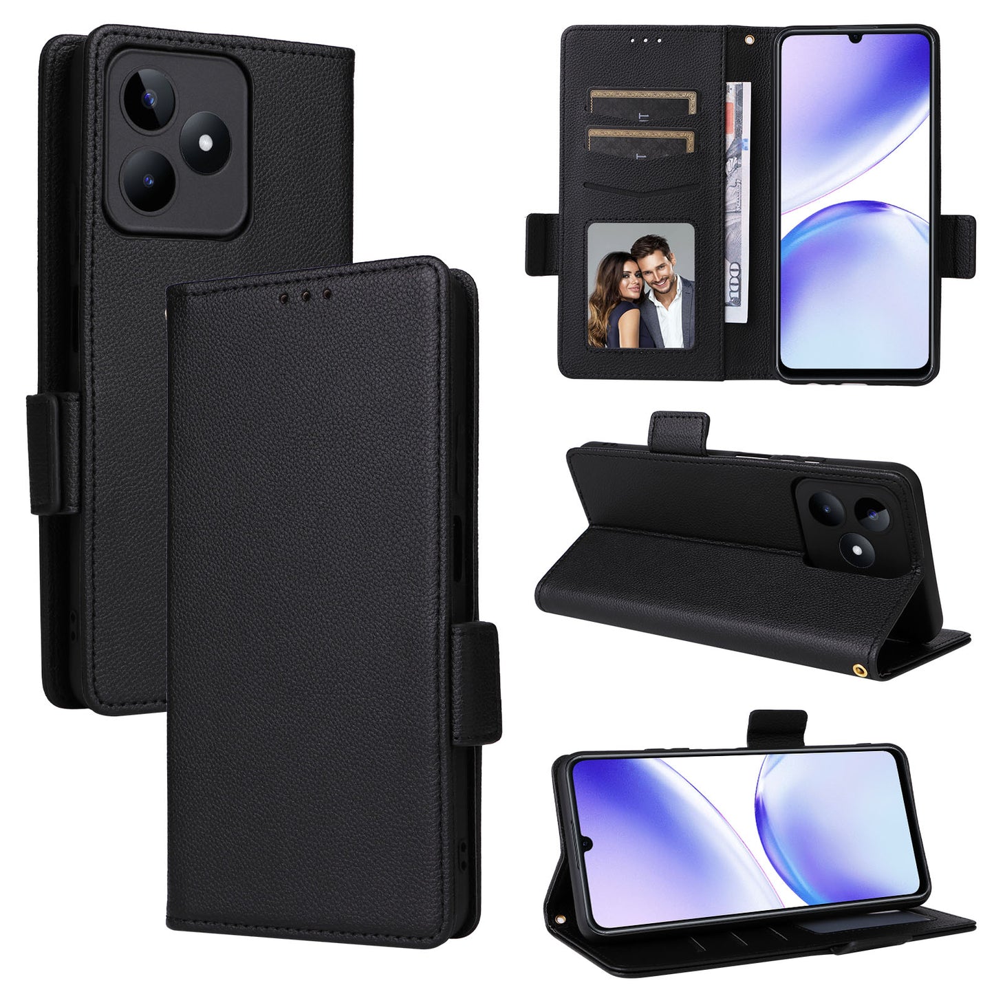Uniqkart for Realme C53 / Narzo N53 4G PU Leather Wallet Stand Case Litchi Texture Phone Cover - Black