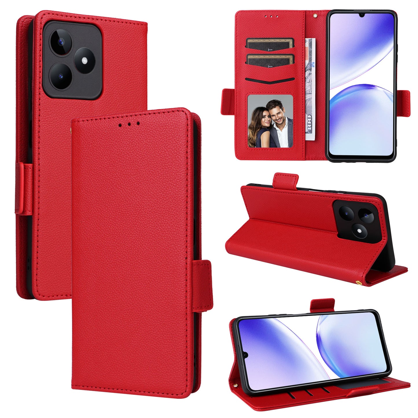 Uniqkart for Realme C53 / Narzo N53 4G PU Leather Wallet Stand Case Litchi Texture Phone Cover - Red