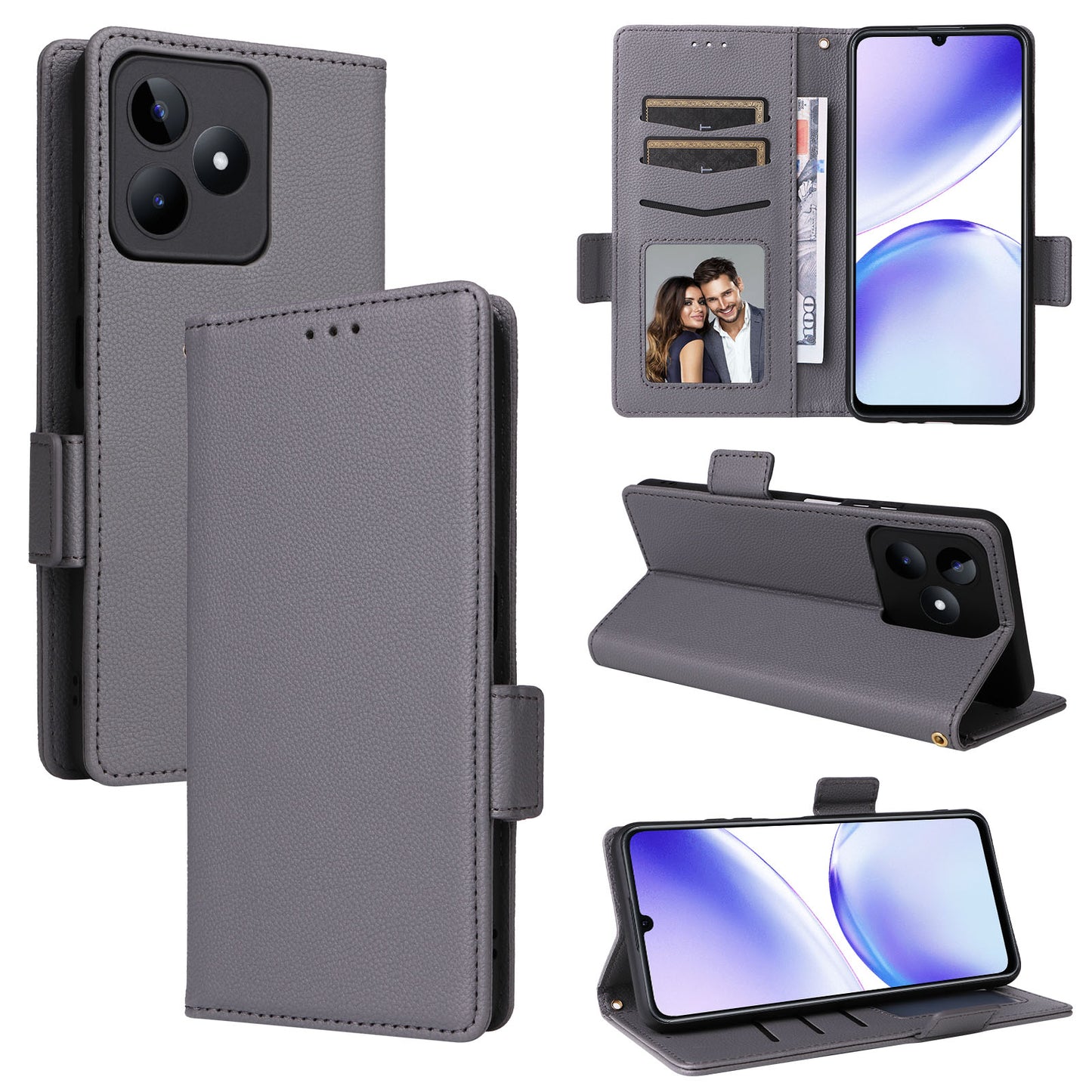 Uniqkart for Realme C53 / Narzo N53 4G PU Leather Wallet Stand Case Litchi Texture Phone Cover - Grey
