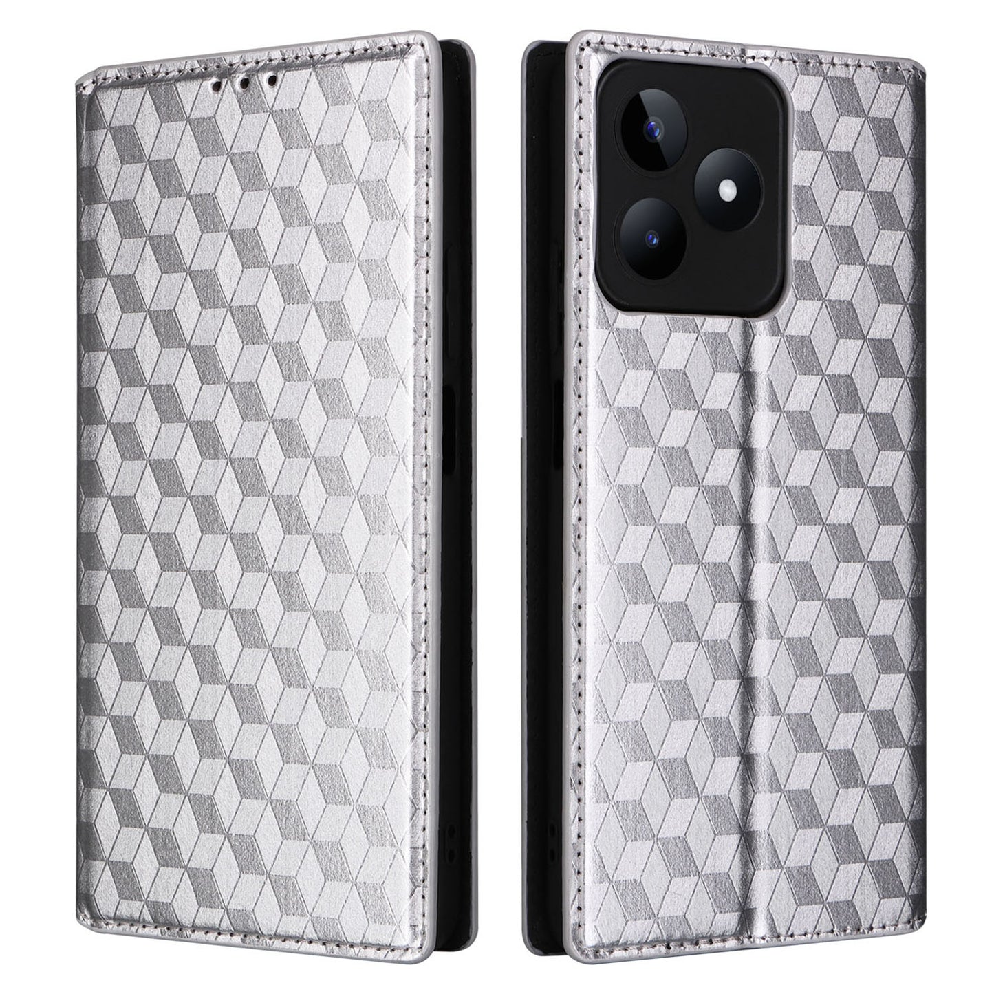 Uniqkart for Realme C53 4G / Narzo N53 4G Rhombus Imprinted Shell PU Leather Wallet Stand Phone Case - Silver