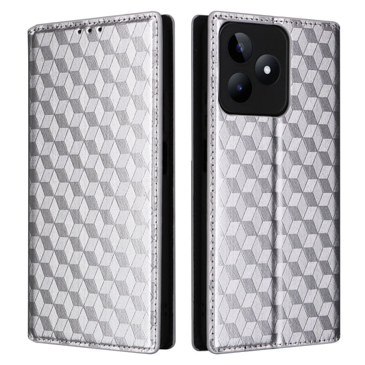 Uniqkart for Realme C53 4G / Narzo N53 4G Rhombus Imprinted Shell PU Leather Wallet Stand Phone Case - Silver