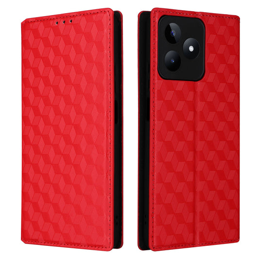 Uniqkart for Realme C53 4G / Narzo N53 4G Rhombus Imprinted Shell PU Leather Wallet Stand Phone Case - Red