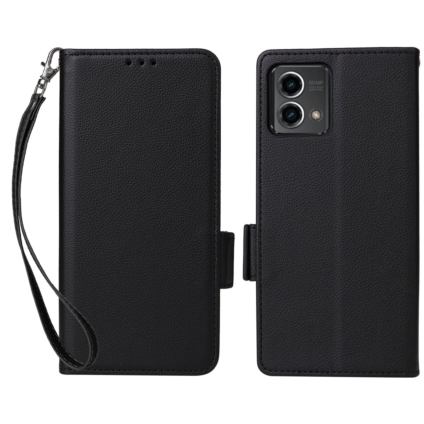 Phone Case for Motorola Moto G Stylus (2023) Litchi Texture PU Leather Wallet Stand Cover - Black