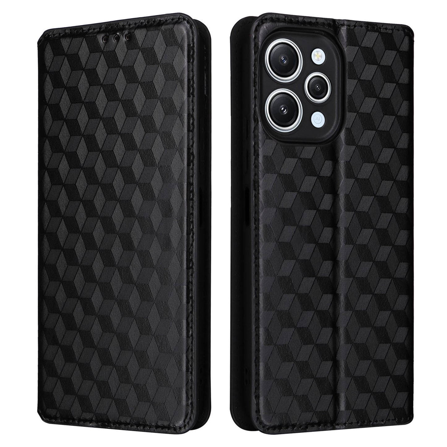 Flip Stand Phone Case for Xiaomi Redmi 12 4G Rhombus Imprinted PU Leather Wallet Cover - Black
