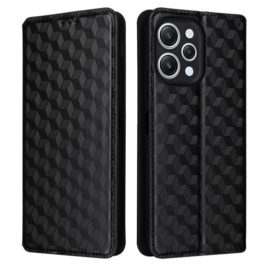 Flip Stand Phone Case for Xiaomi Redmi 12 4G Rhombus Imprinted PU Leather Wallet Cover - Black