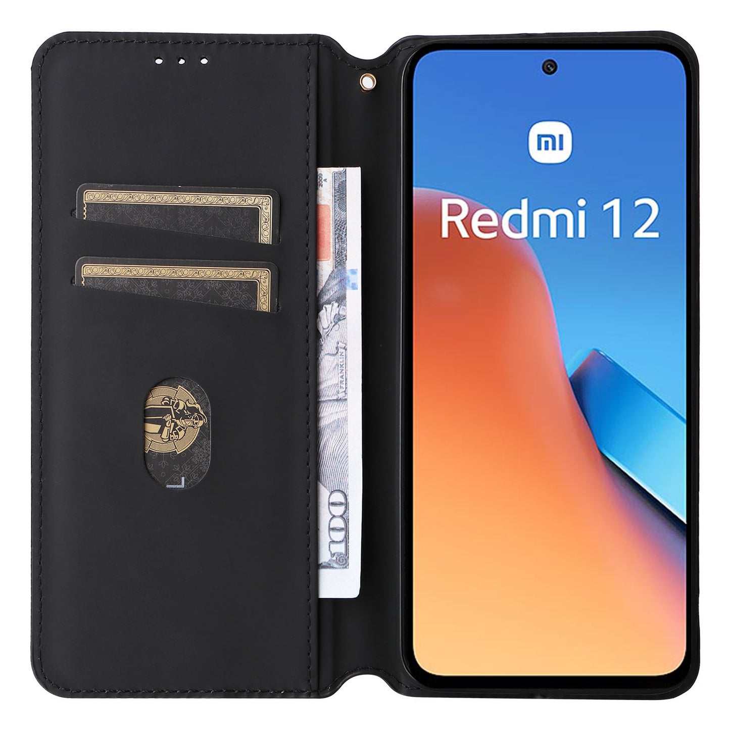 Flip Stand Phone Case for Xiaomi Redmi 12 4G Rhombus Imprinted PU Leather Wallet Cover - Black