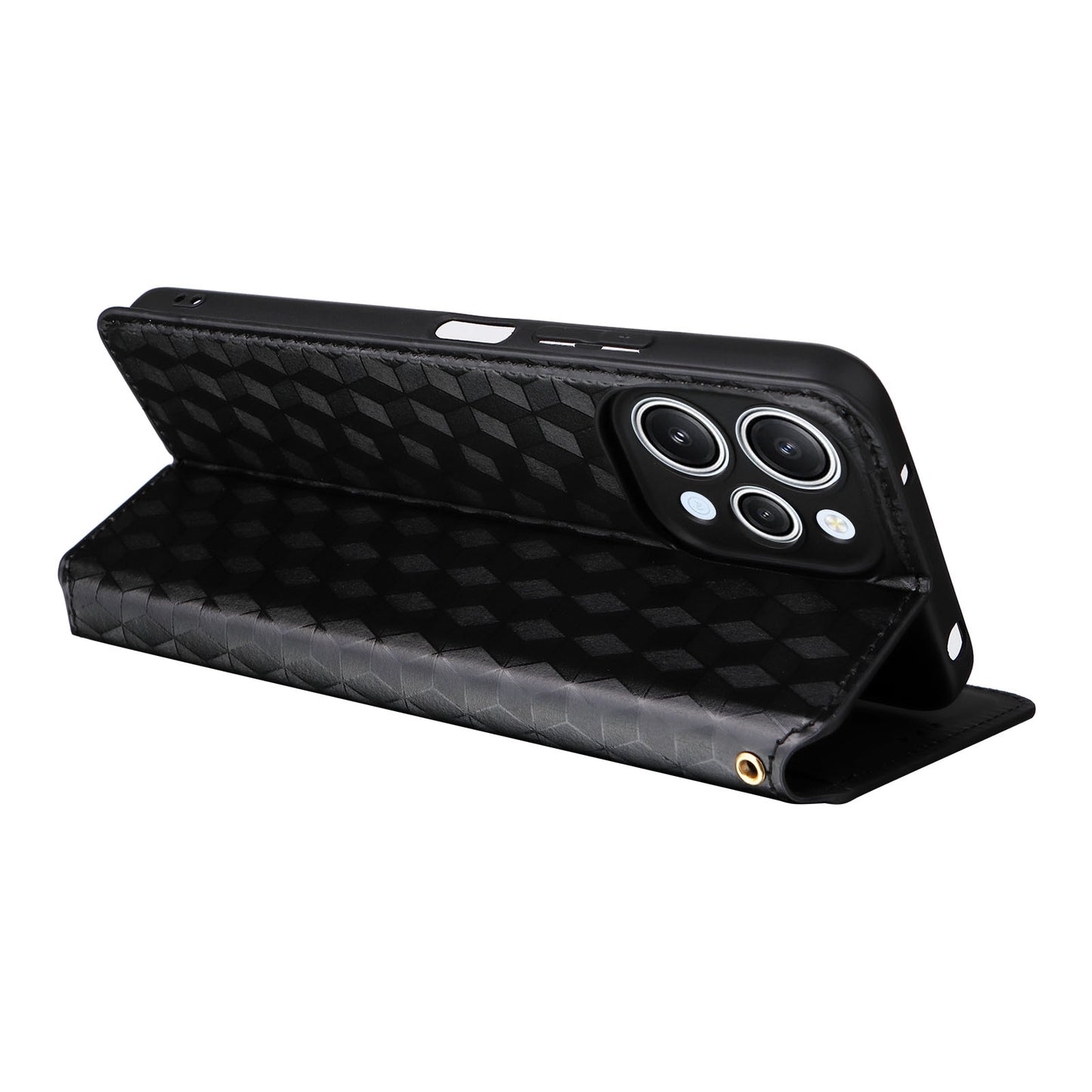Flip Stand Phone Case for Xiaomi Redmi 12 4G Rhombus Imprinted PU Leather Wallet Cover - Black