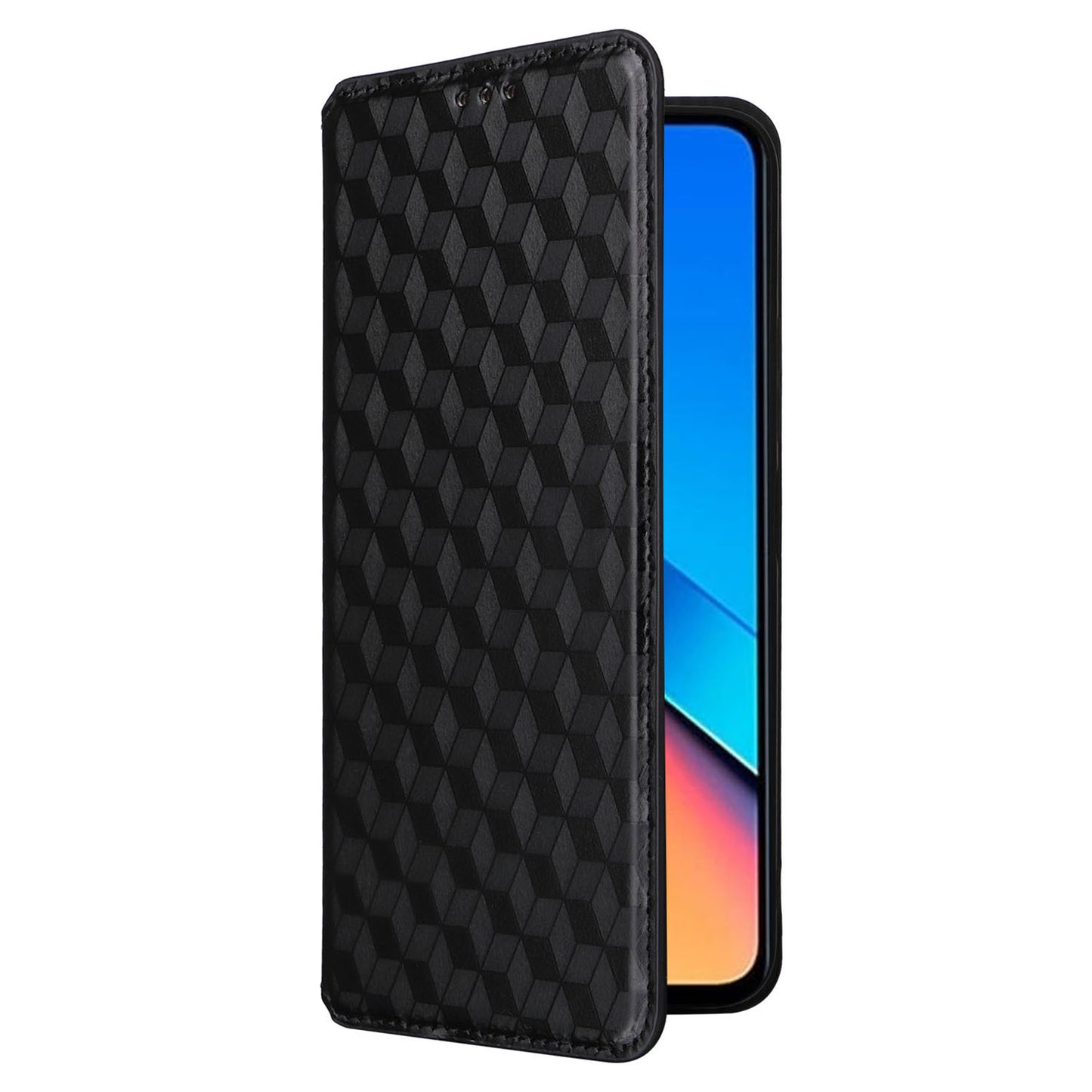 Flip Stand Phone Case for Xiaomi Redmi 12 4G Rhombus Imprinted PU Leather Wallet Cover - Black