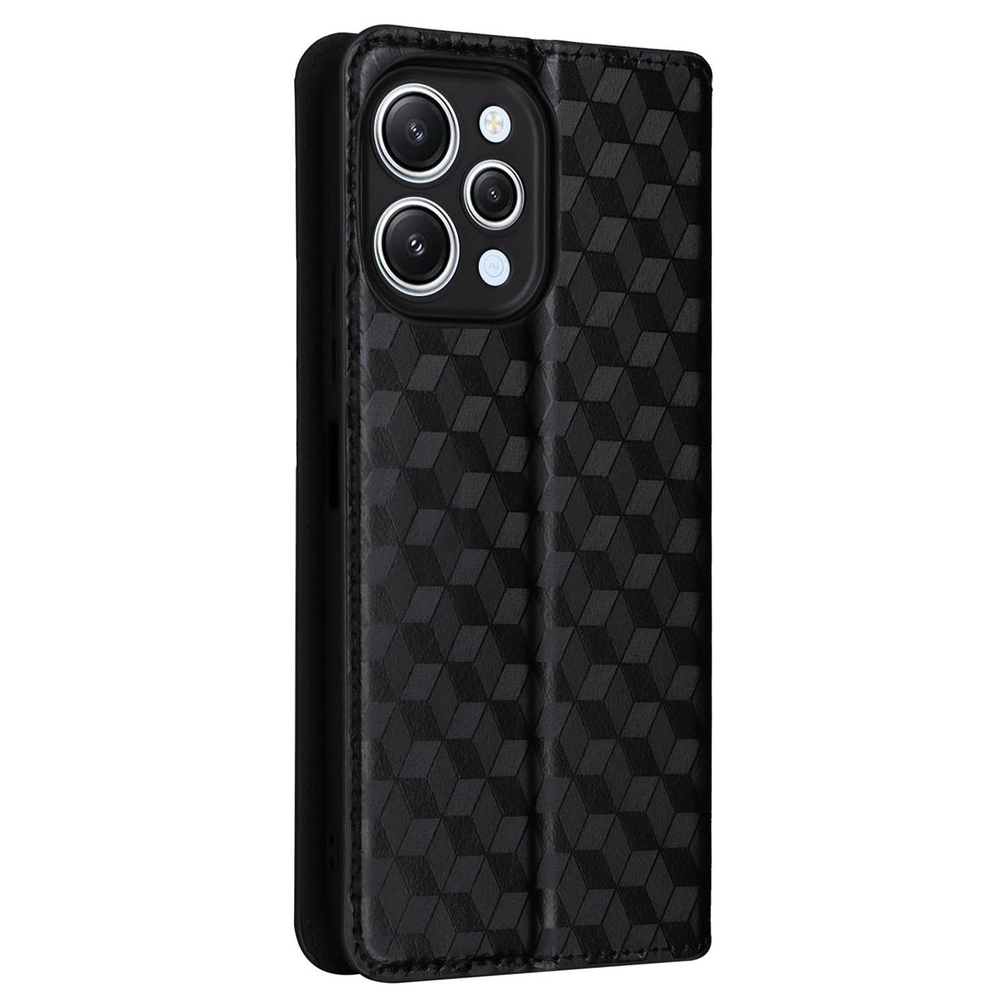 Flip Stand Phone Case for Xiaomi Redmi 12 4G Rhombus Imprinted PU Leather Wallet Cover - Black