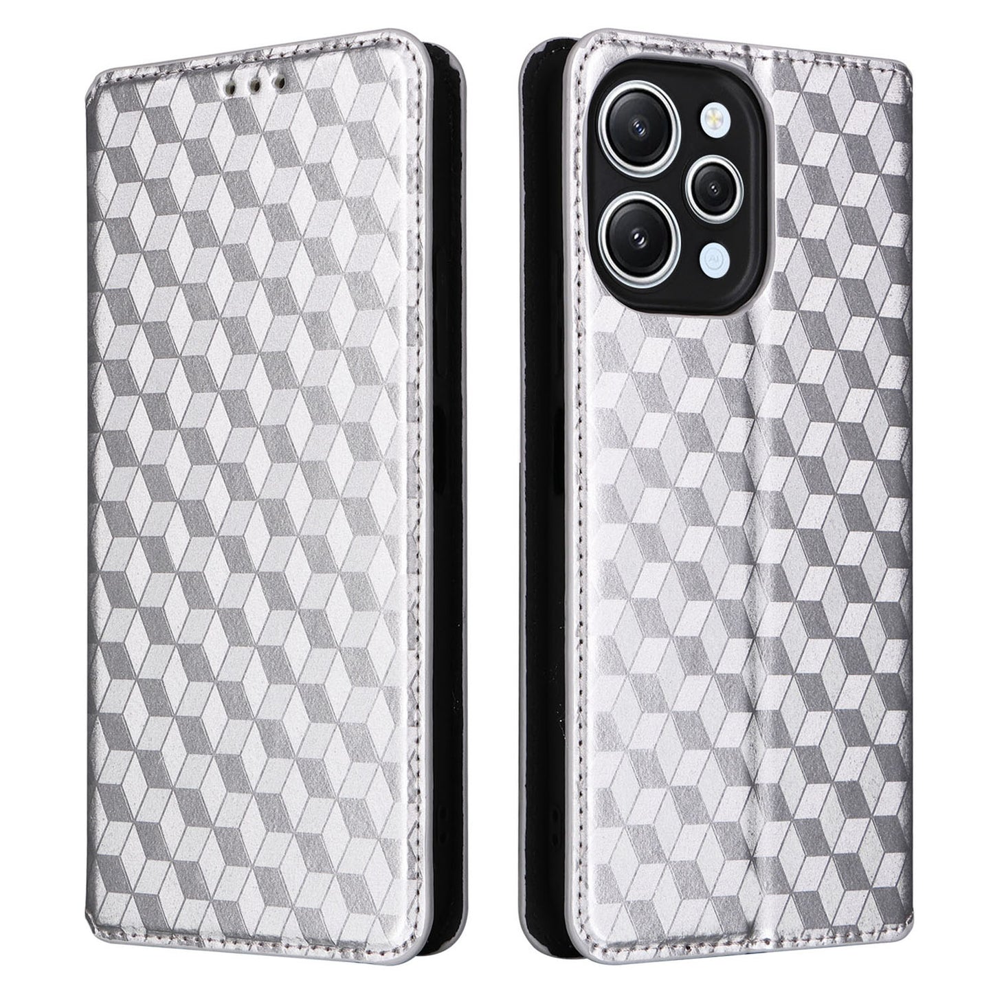 Flip Stand Phone Case for Xiaomi Redmi 12 4G Rhombus Imprinted PU Leather Wallet Cover - Silver