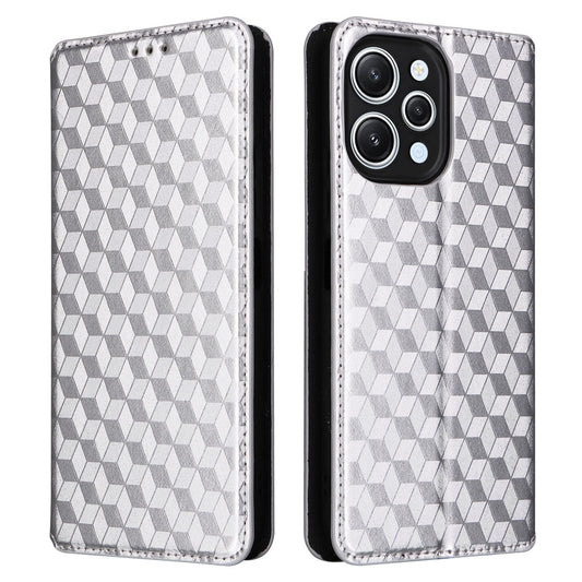 Flip Stand Phone Case for Xiaomi Redmi 12 4G Rhombus Imprinted PU Leather Wallet Cover - Silver